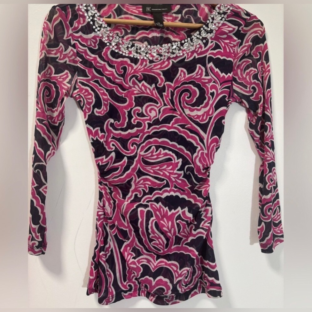 INC INTERNATIONAL CONCEPT PINK & Black Cristals Studded Neckline Blouse XS